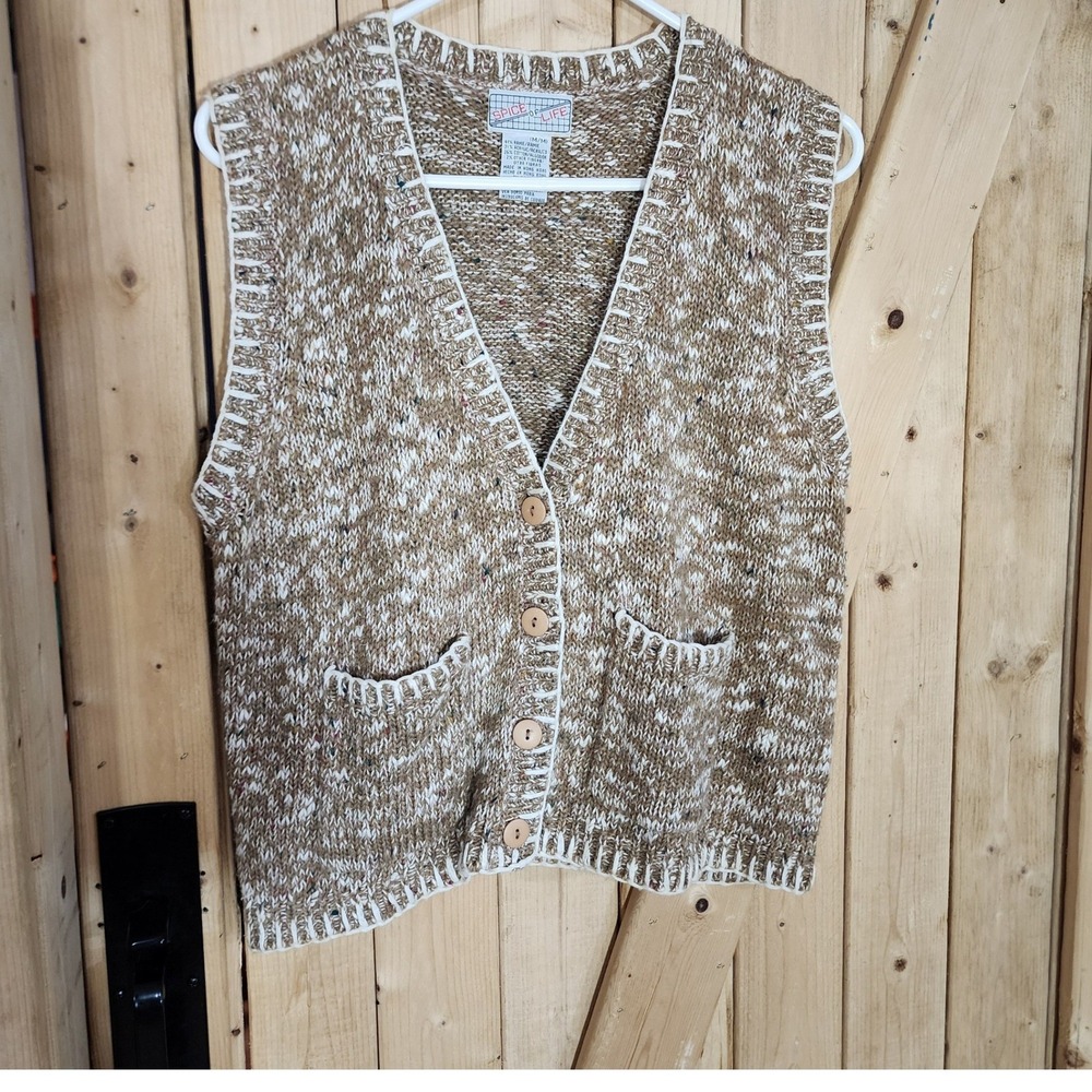 VTG Spice of Life Marled Knit Sweater Vest Brown Blanket Stitch Pockets M